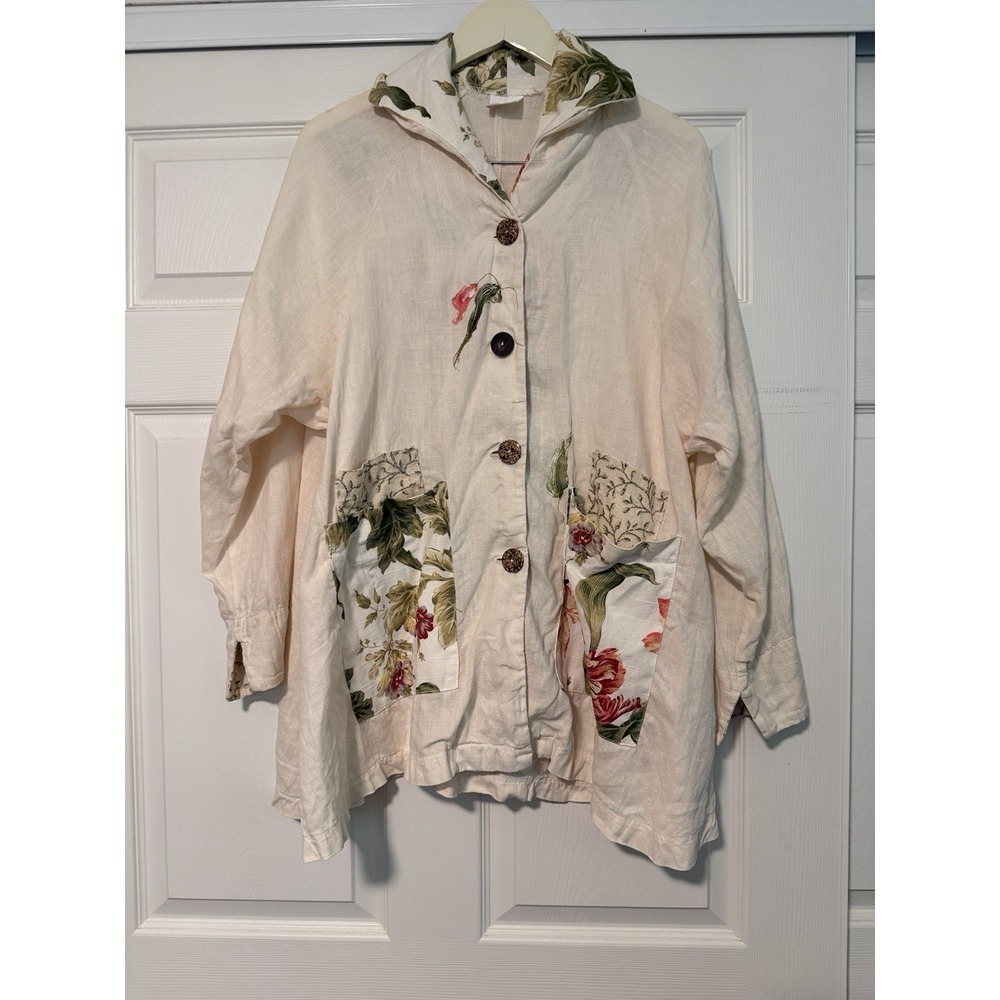 Vintage Odile Artsy Linen Hand Painted Shirt Jacket Blouse Lagenlook Bohemian